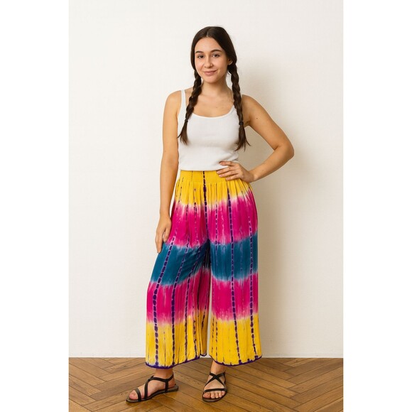 Wevez Tie Dye Wide Leg Pants Free Size OS Colorful Palazzo Hippie Boho Festival - Picture 1 of 10